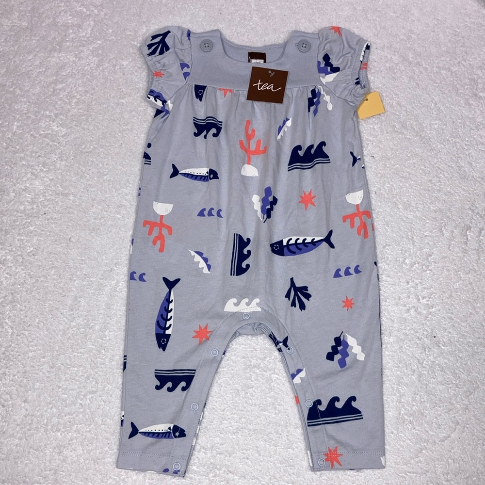 NWT Tea Collection Sea Life fish summer Button Romper For Girls 3/6m
